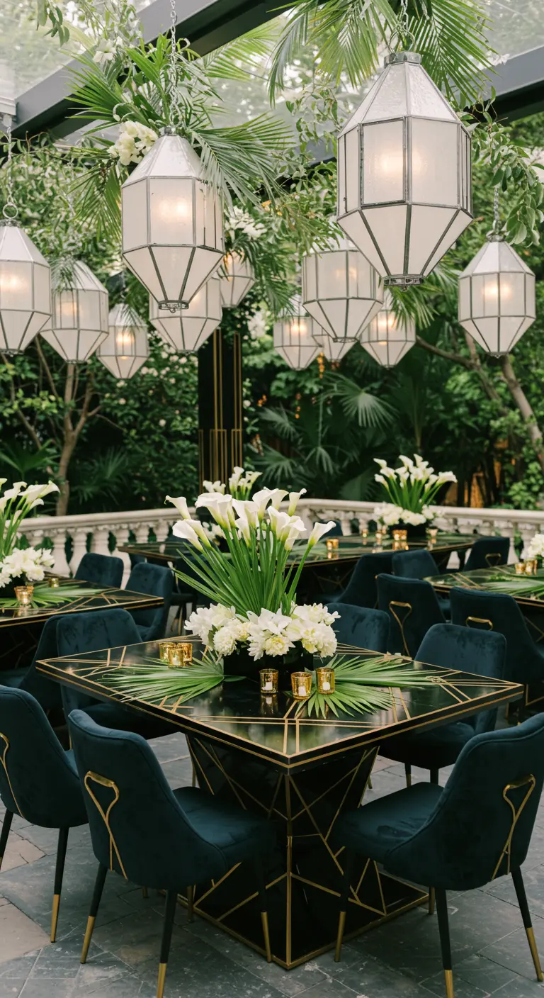 Art Deco-themed party with geometric black and gold tables and large lanterns.