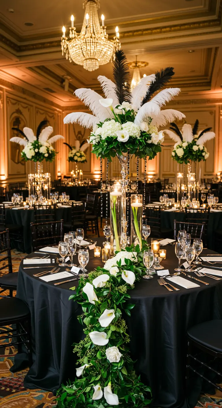 Art Deco-themed wedding table with black linens, white calla lilies, and feathers.