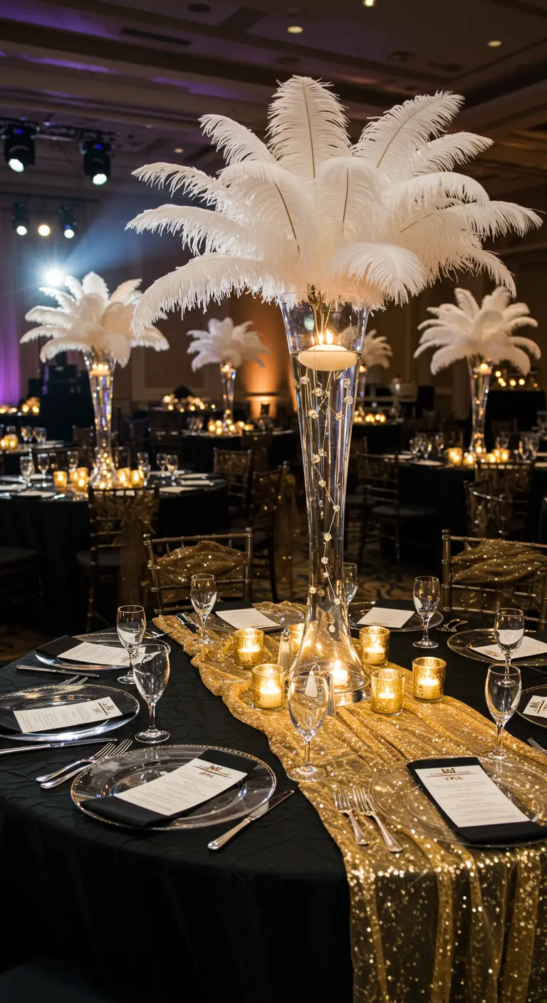 Glamorous black and gold table with a sequin runner and a large white feather centerpiece.