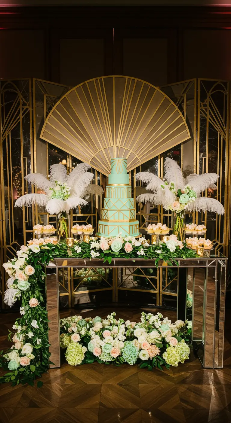 Art Deco wedding cake on a mirrored table with white ostrich feather and floral arrangements.