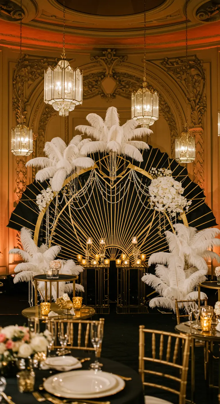 An Art Deco wedding backdrop with a gold fan, white feathers, and crystal pendant lights.