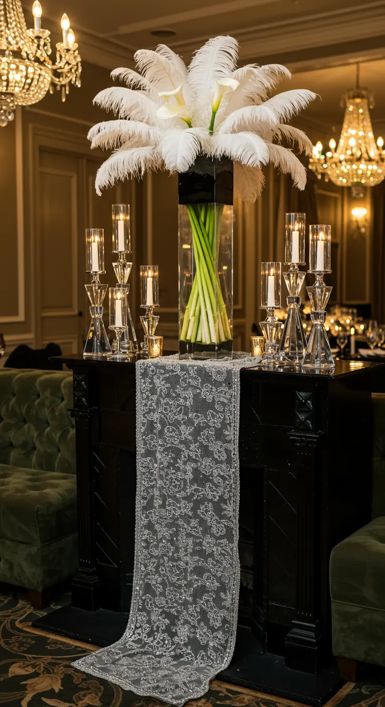 Black mantel with a feather centerpiece, crystal candelabras, and a silver sequin runner.
