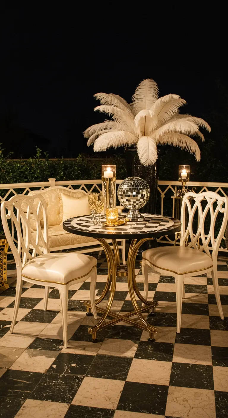 Glamorous bistro set with gold and white chairs on a checkerboard floor with a disco ball.