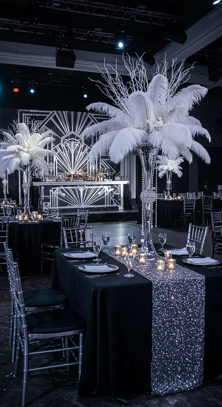 A Gatsby-themed party with black tablecloths, silver sequin runners, and white feather centerpieces.