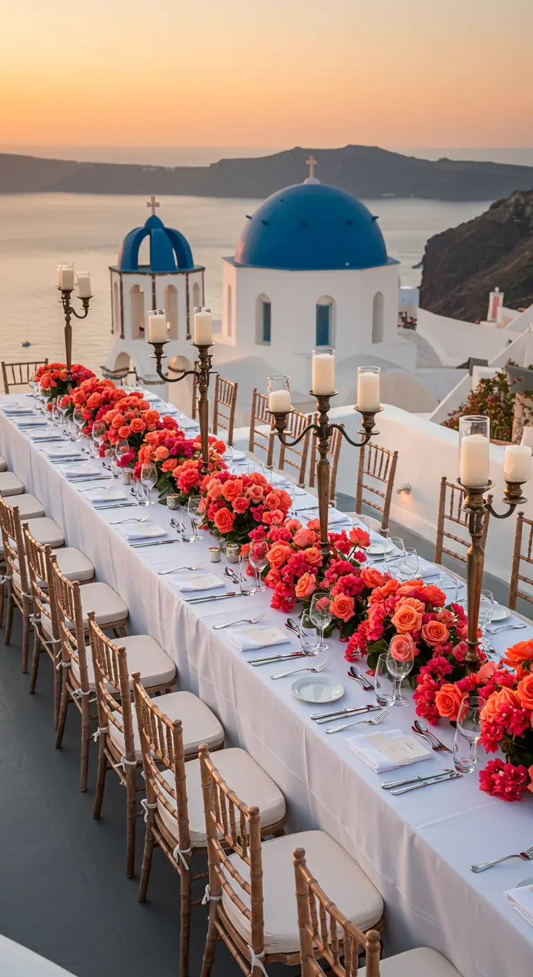 Wedding table in Santorini with a long coral rose garland overlooking the sea.