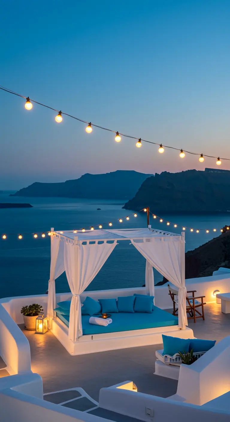 White canopy bed with bright blue cushions on a terrace overlooking the Aegean Sea.