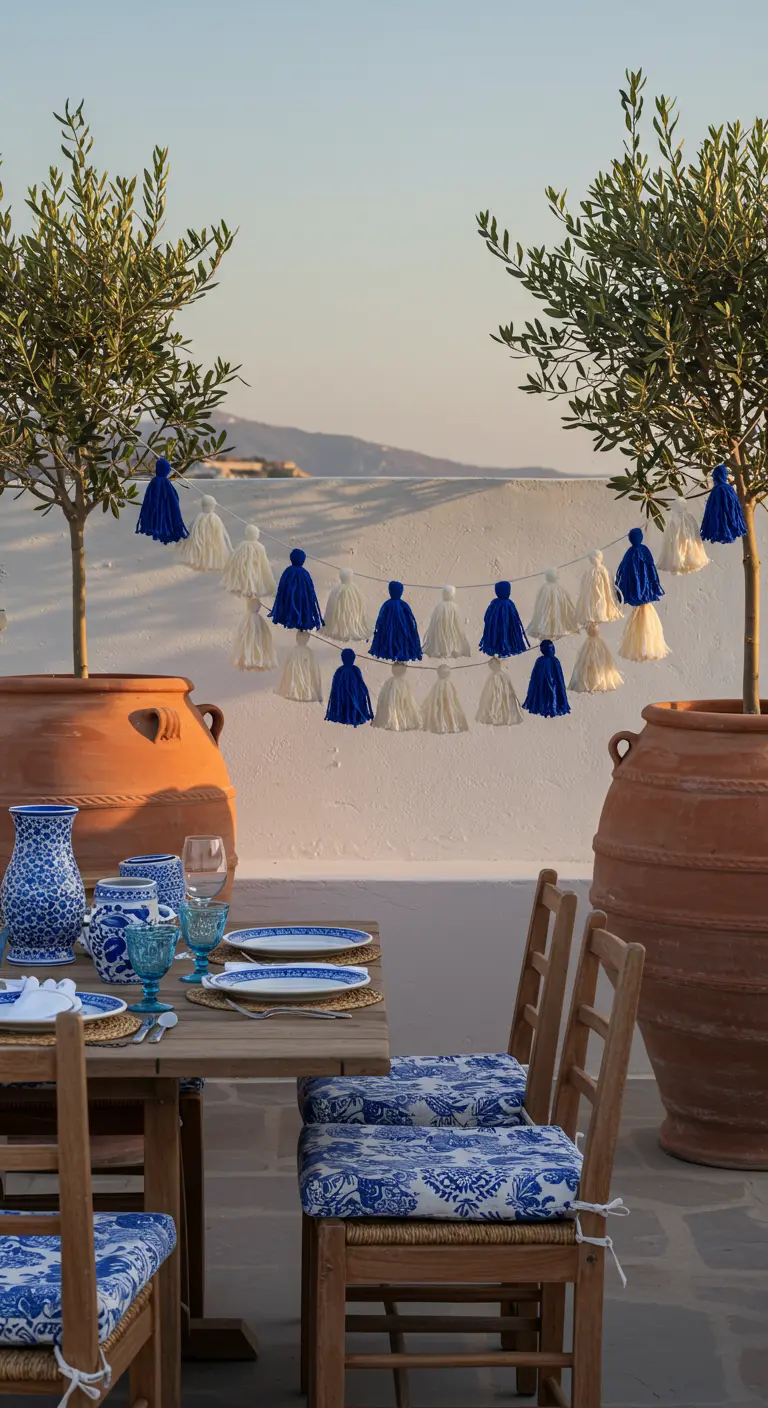 A blue and white tassel garland is strung between two potted olive trees on a terrace.