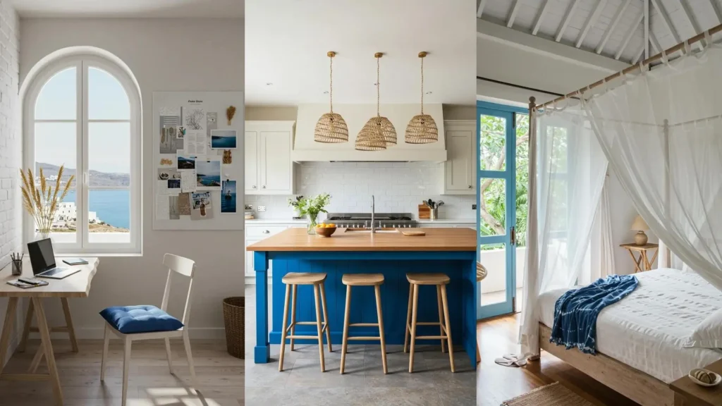 Bright Greek island style rooms with whitewashed walls, vibrant blue accents, and flowing breezy fabrics.