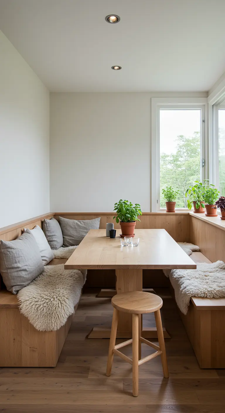 Built-in oak corner bench with a light oak table, sheepskin throws, and potted herbs on the windowsill.