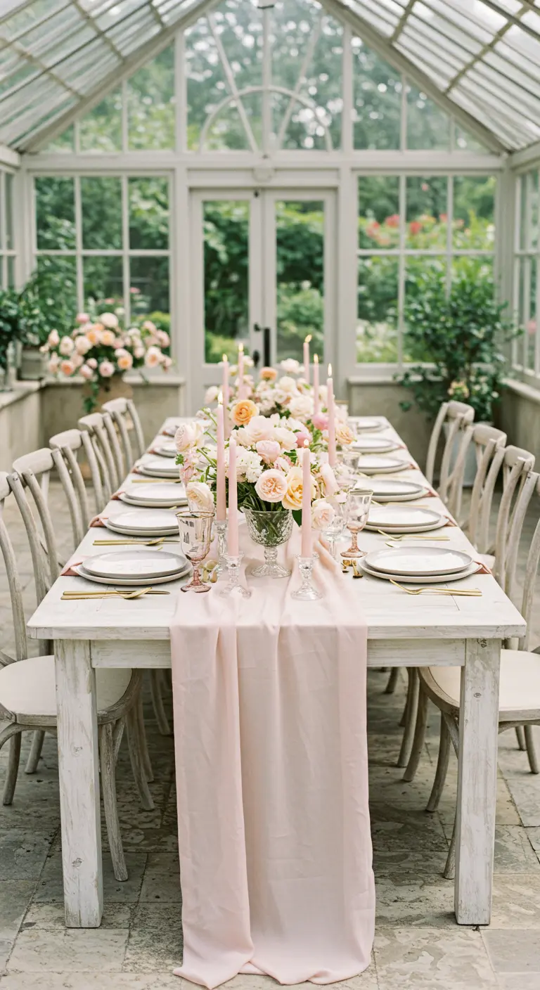 Long white table in a greenhouse with blush pink runner, candles, and flowers.