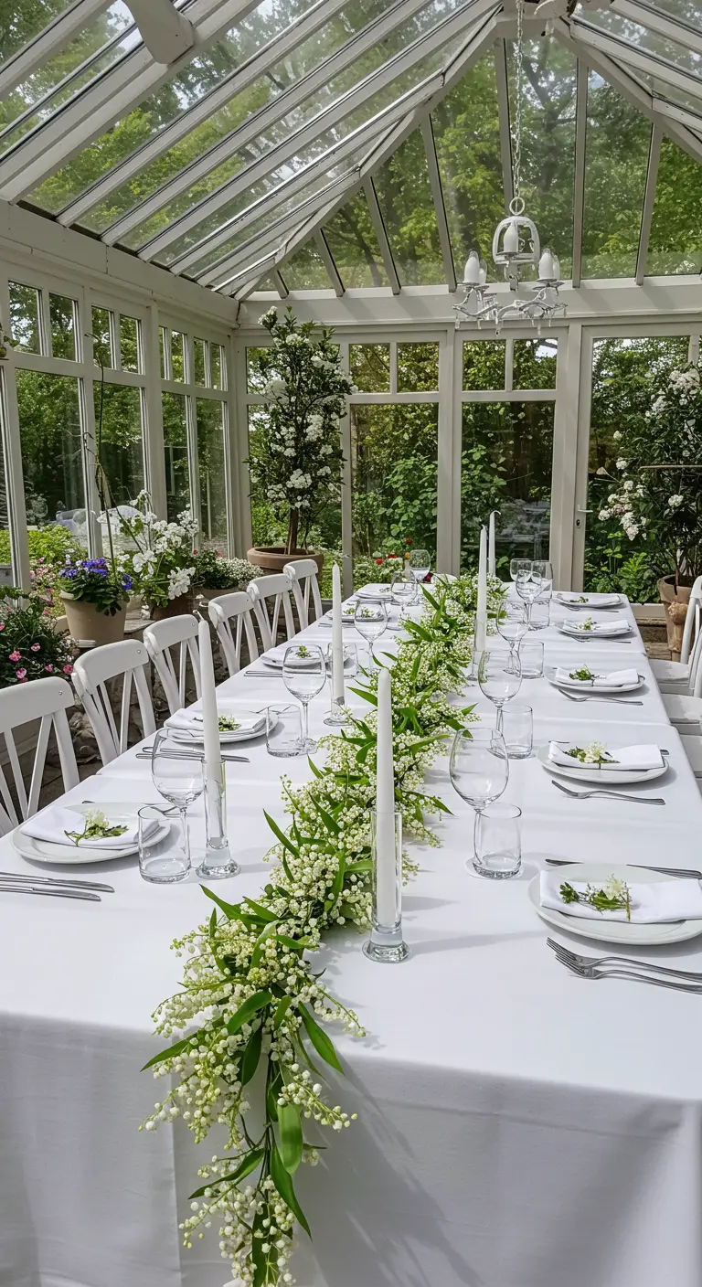 A long white table in a greenhouse with a Lily of the Valley garland runner.