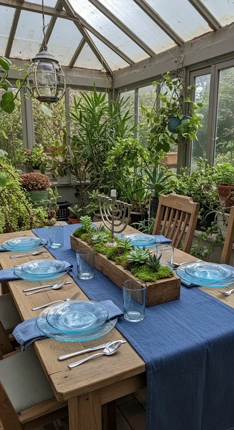 A Hanukkah table in a greenhouse with a succulent planter centerpiece around the menorah.
