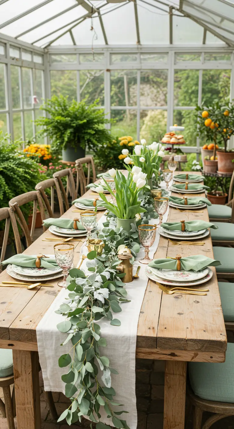 Long wood table in a greenhouse with eucalyptus runner and white tulips.