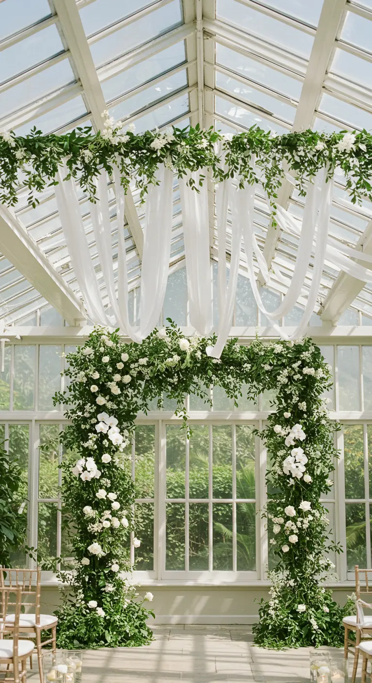 Lush floral arch with white flowers, greenery, and draped fabric inside a sunlit greenhouse.