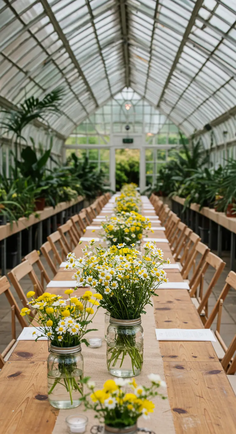 Long wooden tables inside a glass greenhouse, decorated with burlap runners and Mason jars of daisies.