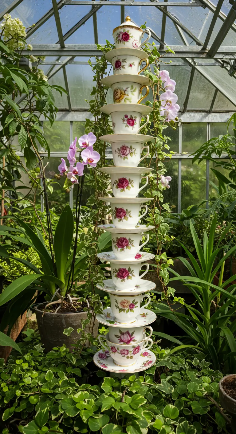 Very tall tower of rose-patterned teacups with orchids inside a glass greenhouse.