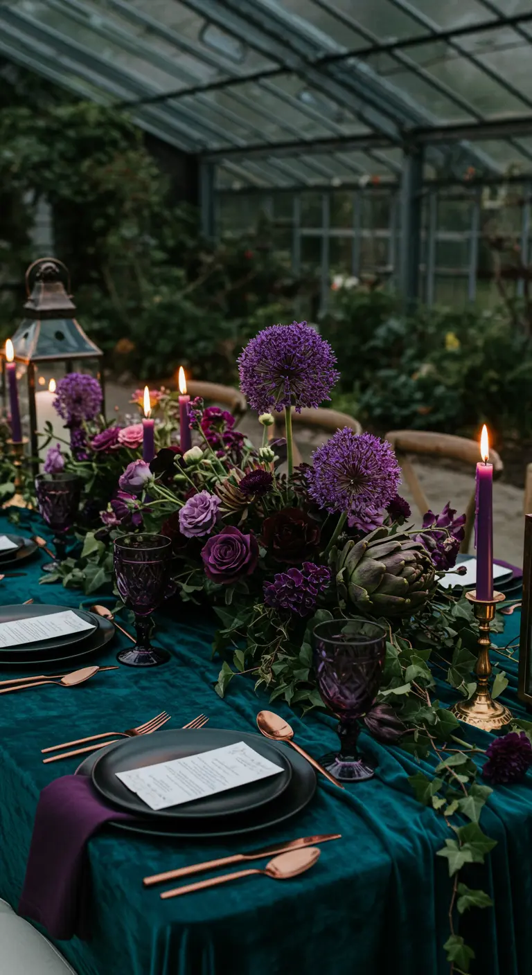 Lush tablescape in a greenhouse with a teal velvet runner and purple floral centerpiece.