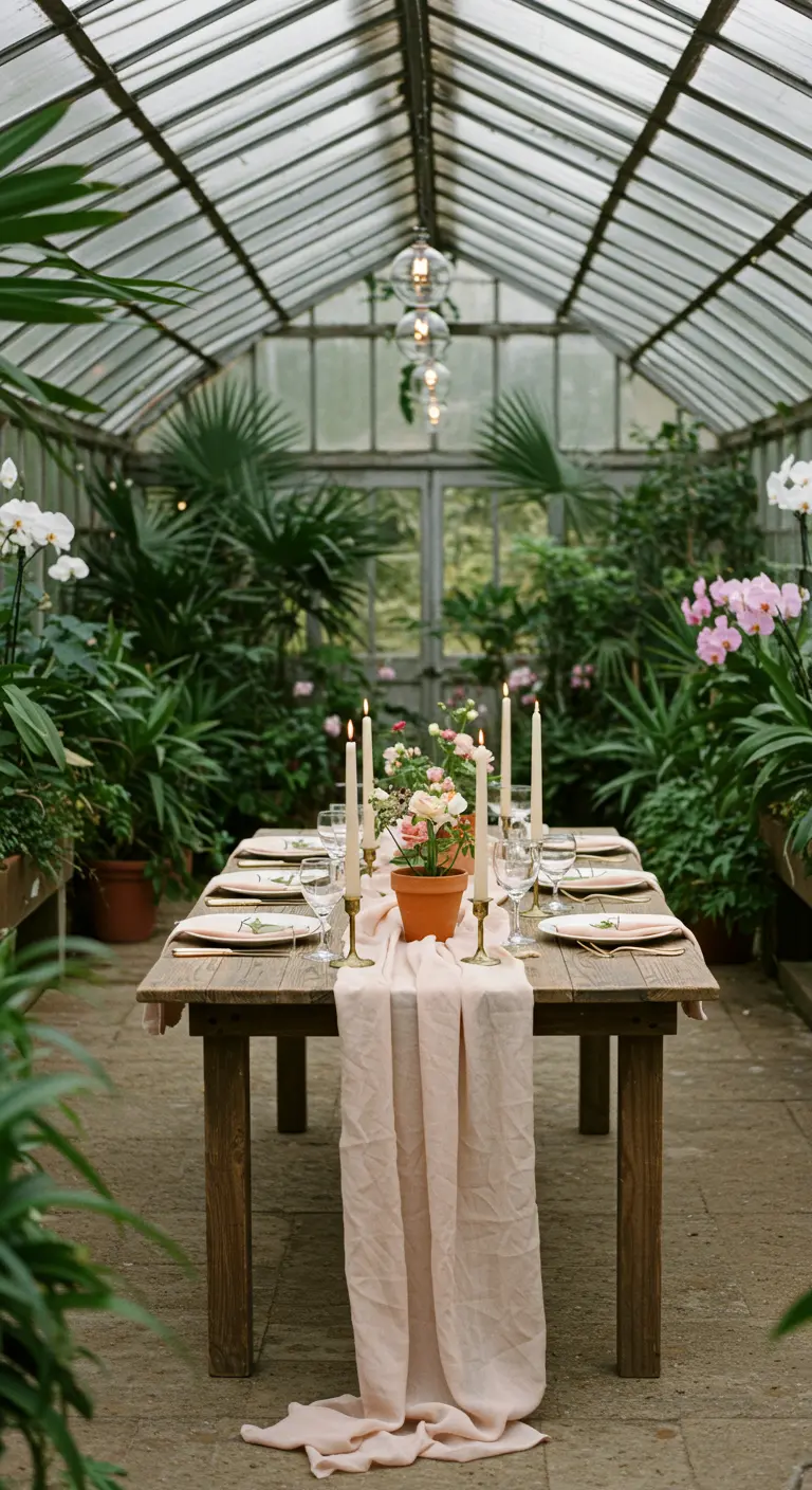 A wooden table inside a lush greenhouse, with a blush runner and a terracotta pot centerpiece.