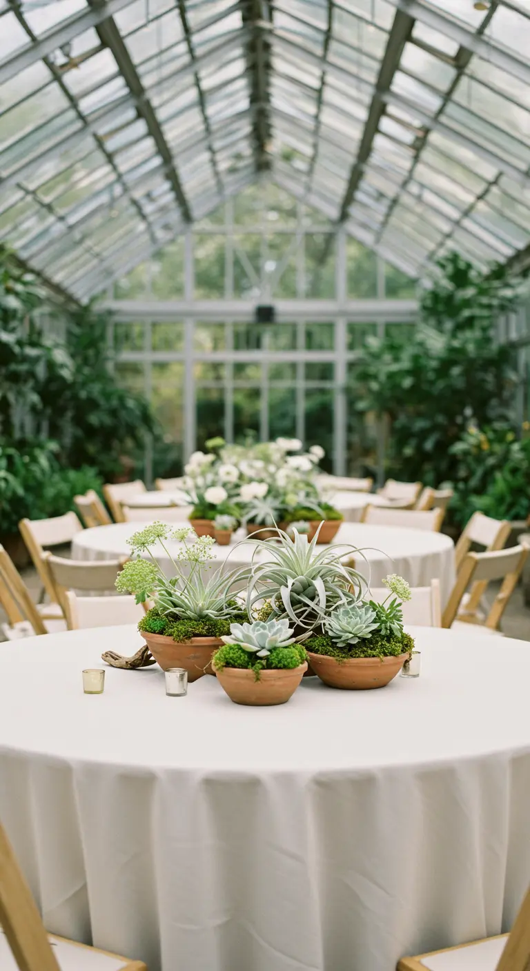 Terracotta pots with succulents and air plants as centerpieces in a bright greenhouse.
