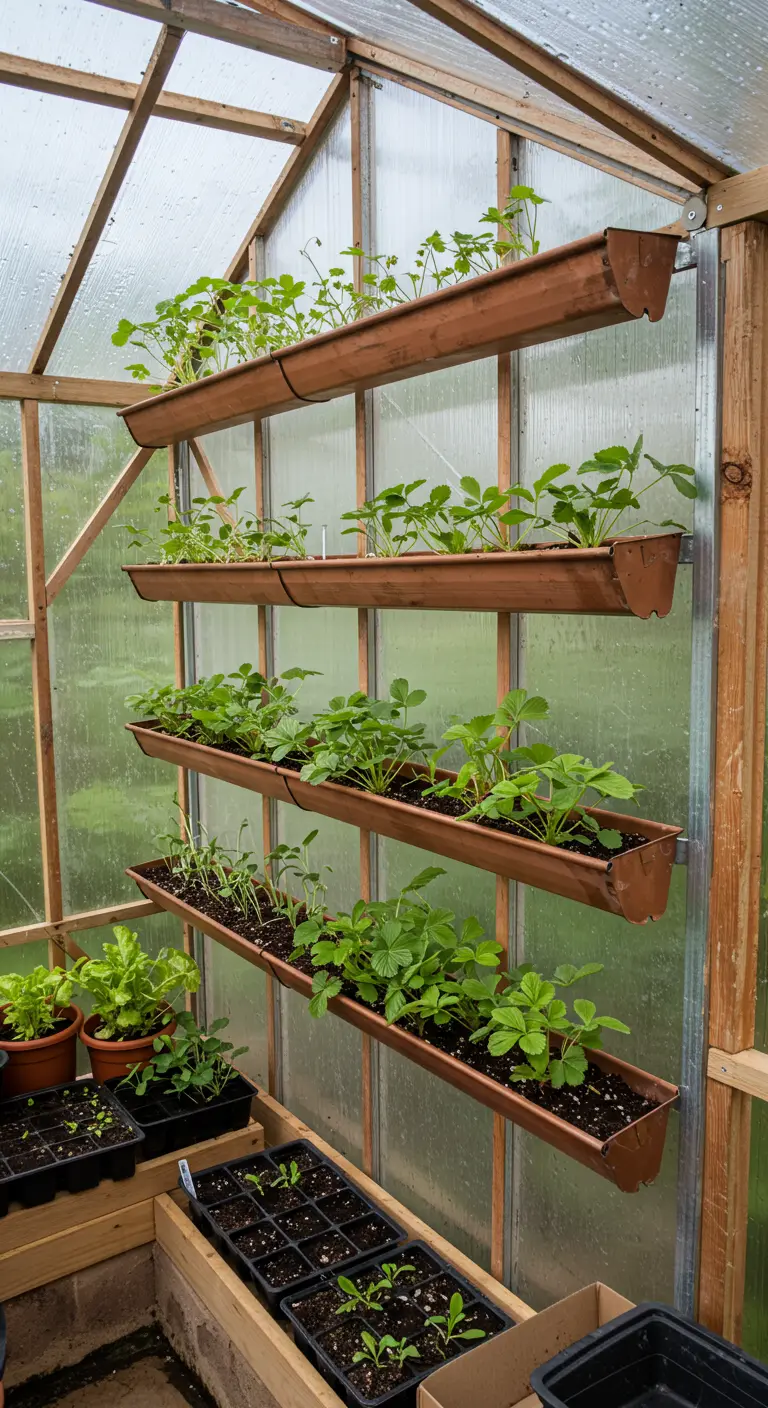 Copper planters inside a greenhouse growing strawberries and seedlings
