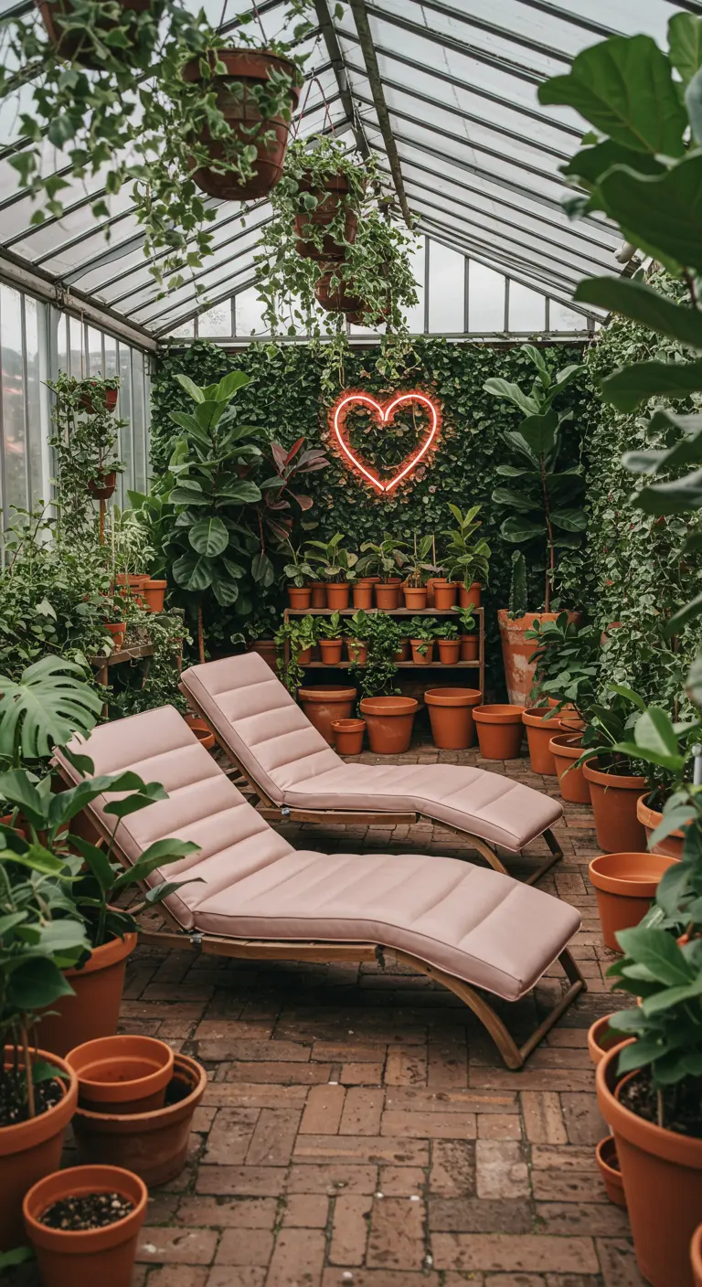 A red neon heart glowing amidst a lush greenhouse filled with plants and two pink loungers.