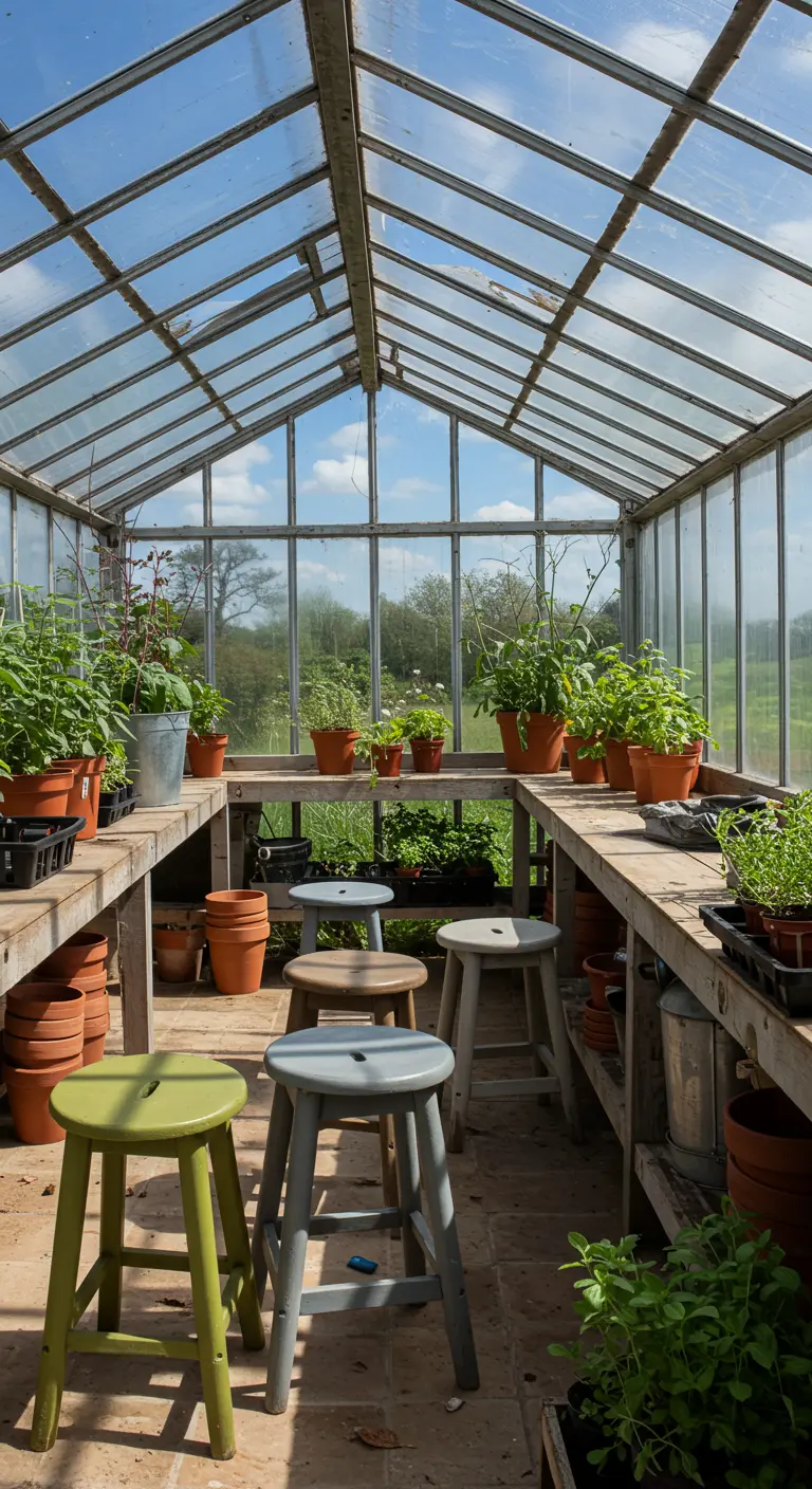 Stools in muted greens and greys inside a glass greenhouse filled with terracotta pots and plants.