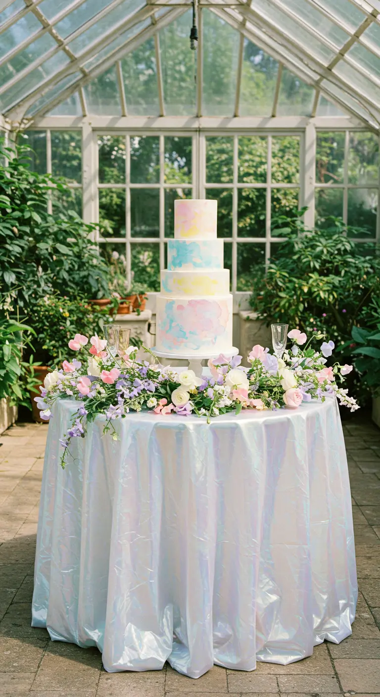 Watercolor pastel wedding cake on a table with an iridescent tablecloth in a greenhouse.