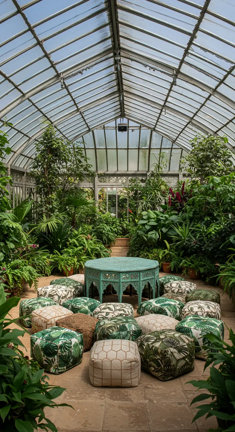 Poufs with tropical leaf prints arranged around a teal table inside a lush, plant-filled greenhouse.