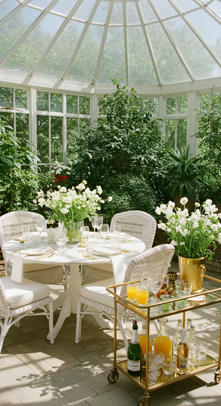 A bright brunch table in a greenhouse with a gold bar cart nearby.