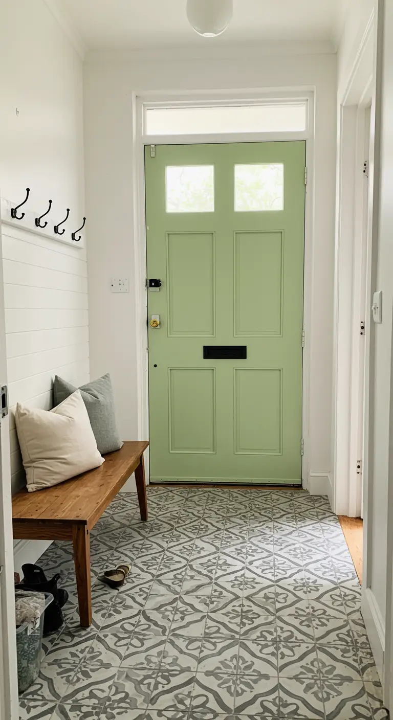 Entryway with a sage green painted door, patterned floor tiles, and a simple wooden bench.