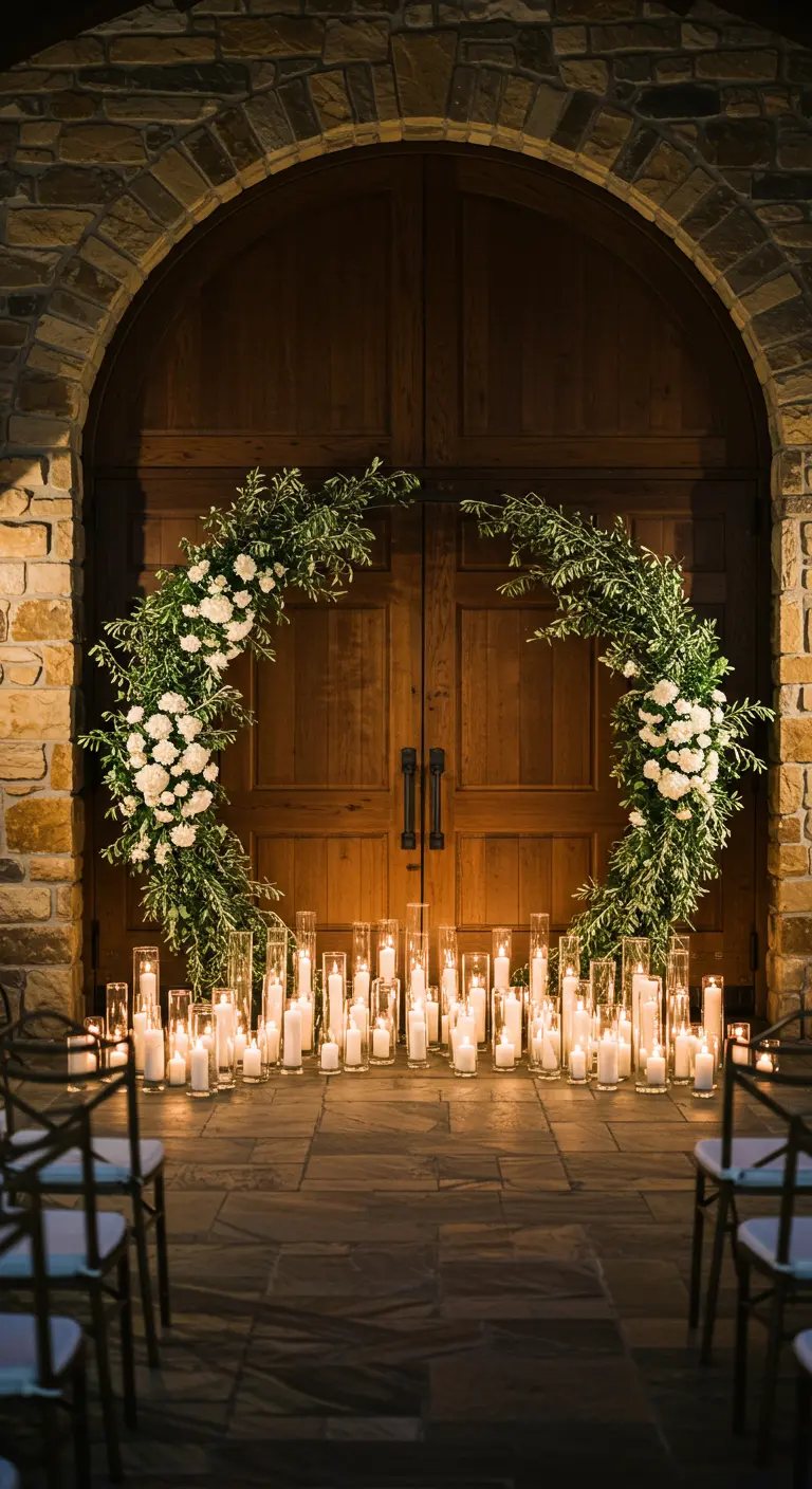 A large wooden door framed by two crescent-shaped floral arrangements and dozens of candles.