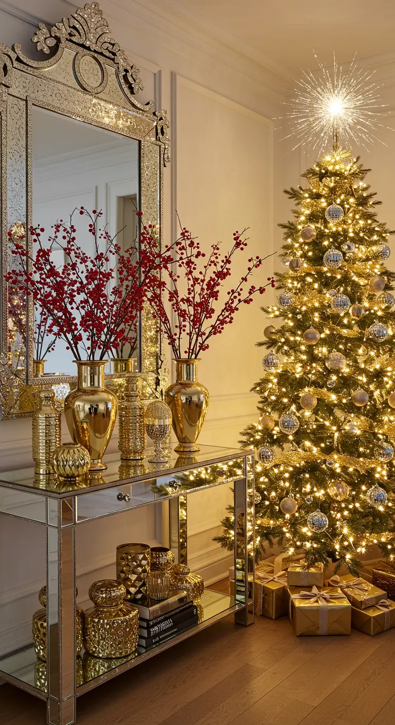 A mirrored console table with gold vases and red berry branches next to a Christmas tree.