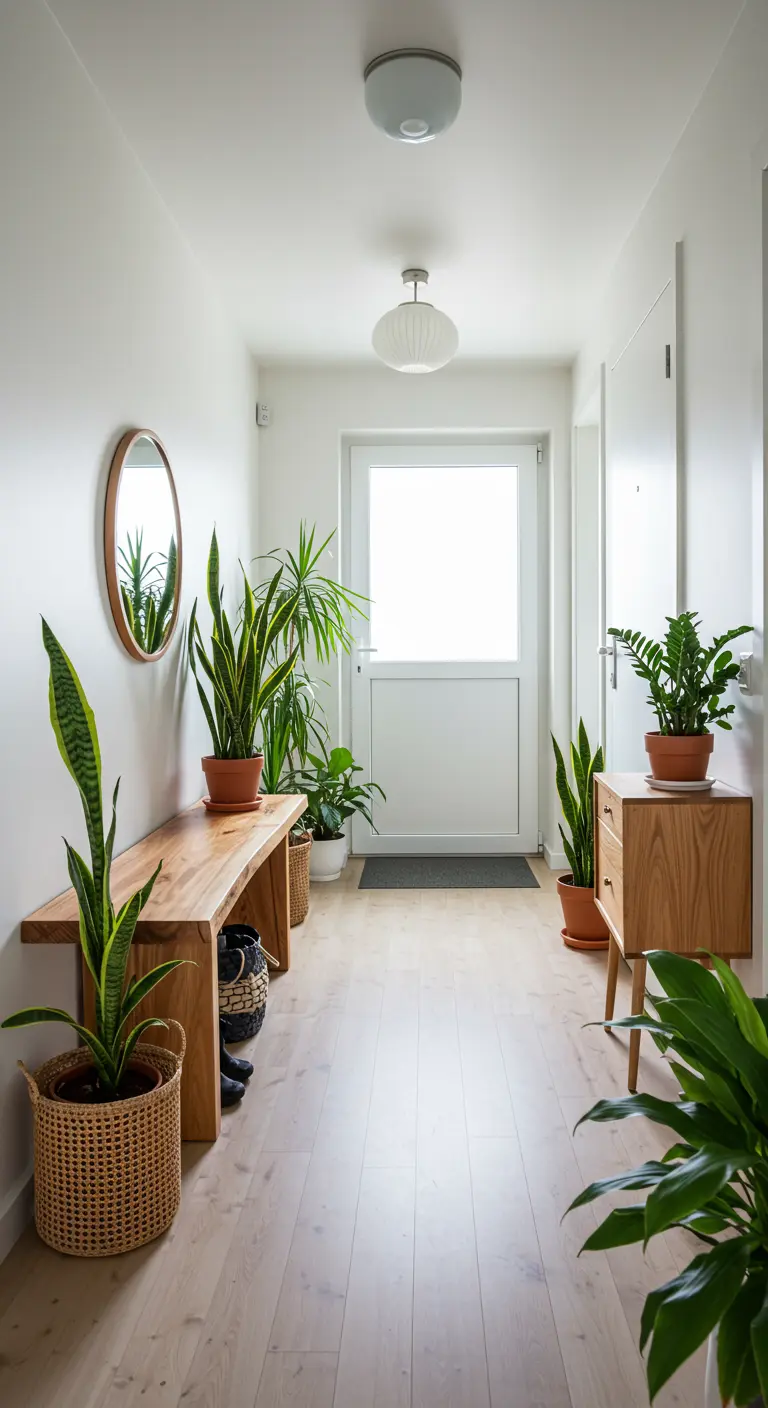 A bright, minimalist hallway with a wooden bench, console table, and several snake plants.