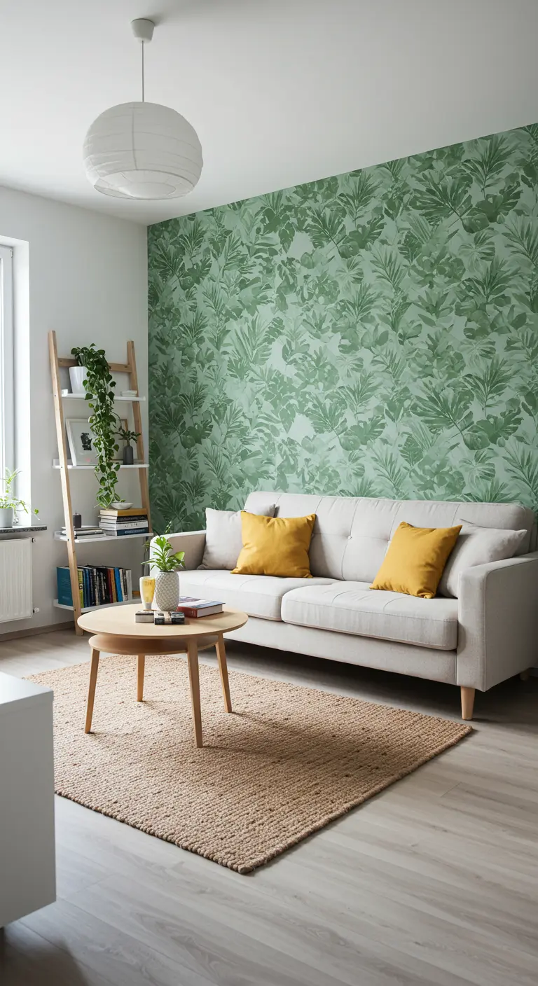 Living room with a green botanical leaf print wallpaper accent wall behind a beige sofa.