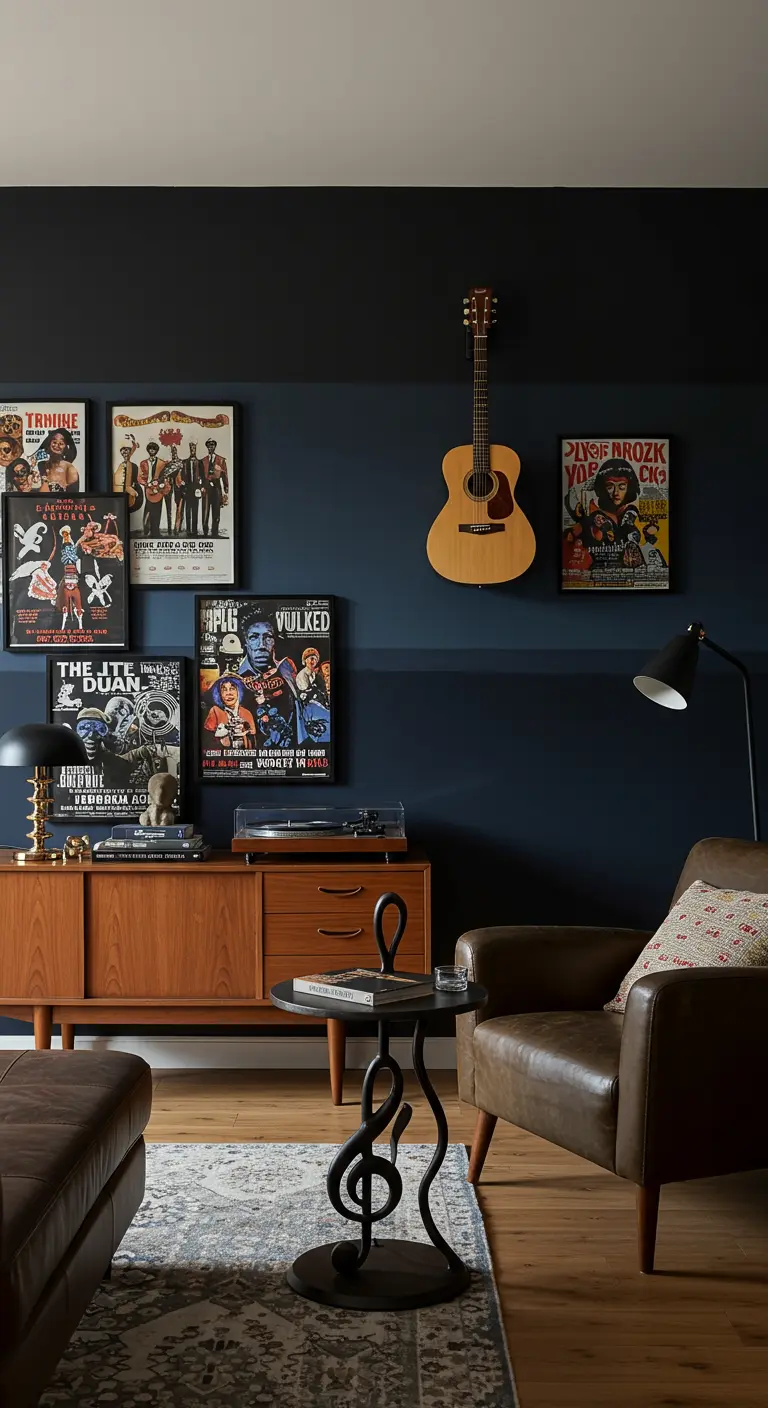 Mid-century credenza and leather armchair against a two-tone navy and white wall.