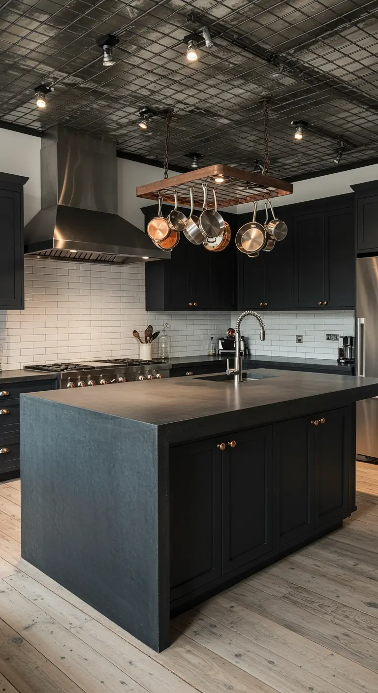 Industrial kitchen with matte black cabinets, a concrete waterfall island, and a hanging copper pot rack.