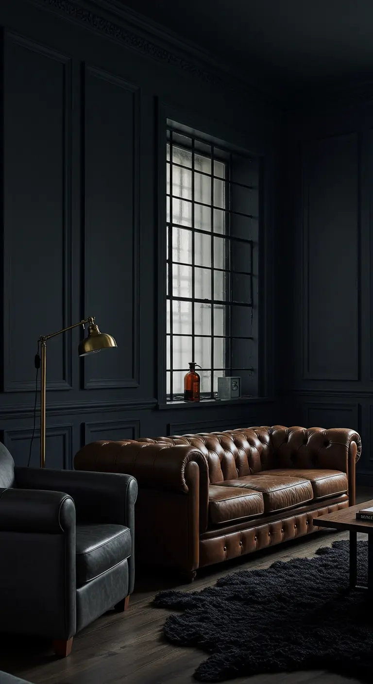 Dark, moody living room with black paneled walls and a classic brown leather Chesterfield sofa.