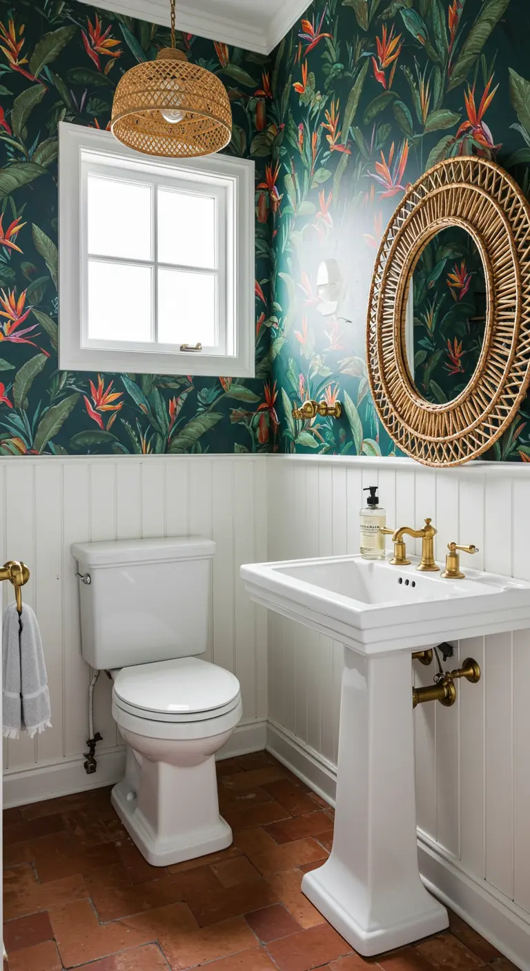 Powder room with dark tropical wallpaper, white beadboard wainscoting, and a pedestal sink.