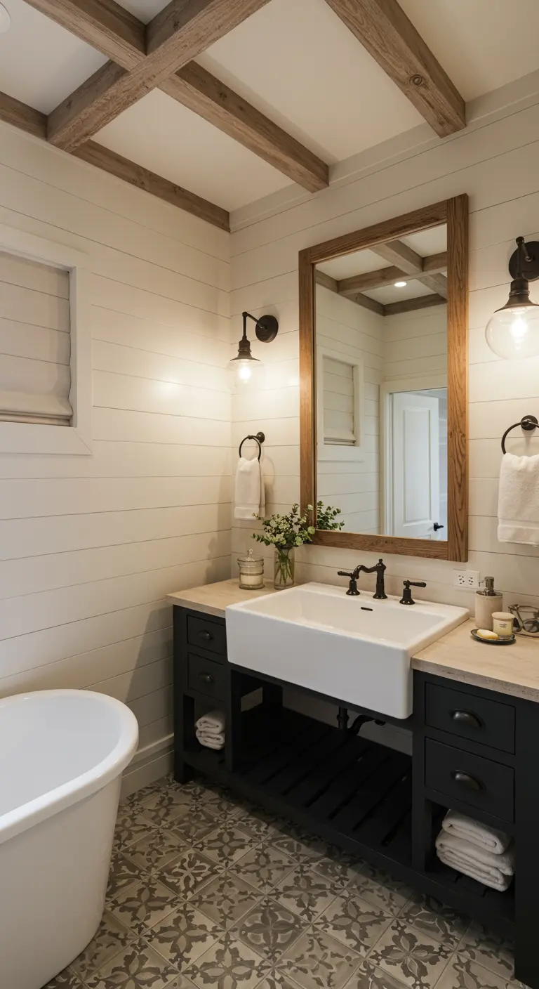 Modern farmhouse bathroom with white shiplap walls and a dark vanity with an apron-front sink.