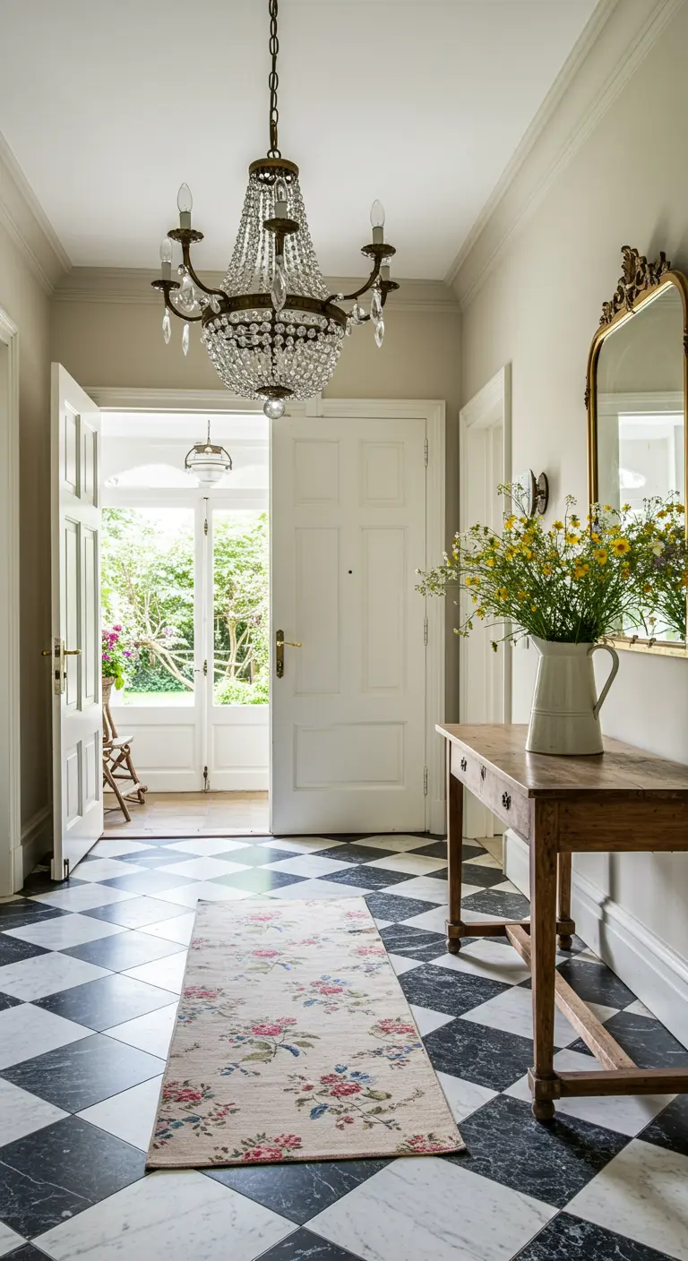 An entryway with black and white checkerboard floors, a floral runner, and a crystal chandelier.