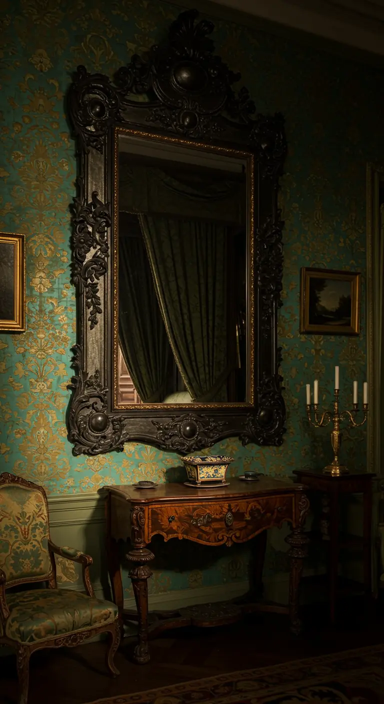 Ornate black-framed mirror over a console table in a teal and gold room.