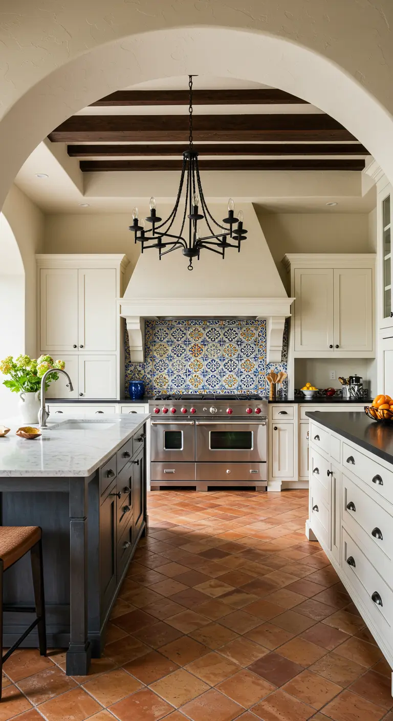 Kitchen with white and grey cabinets, terra cotta herringbone floor, and patterned tile.