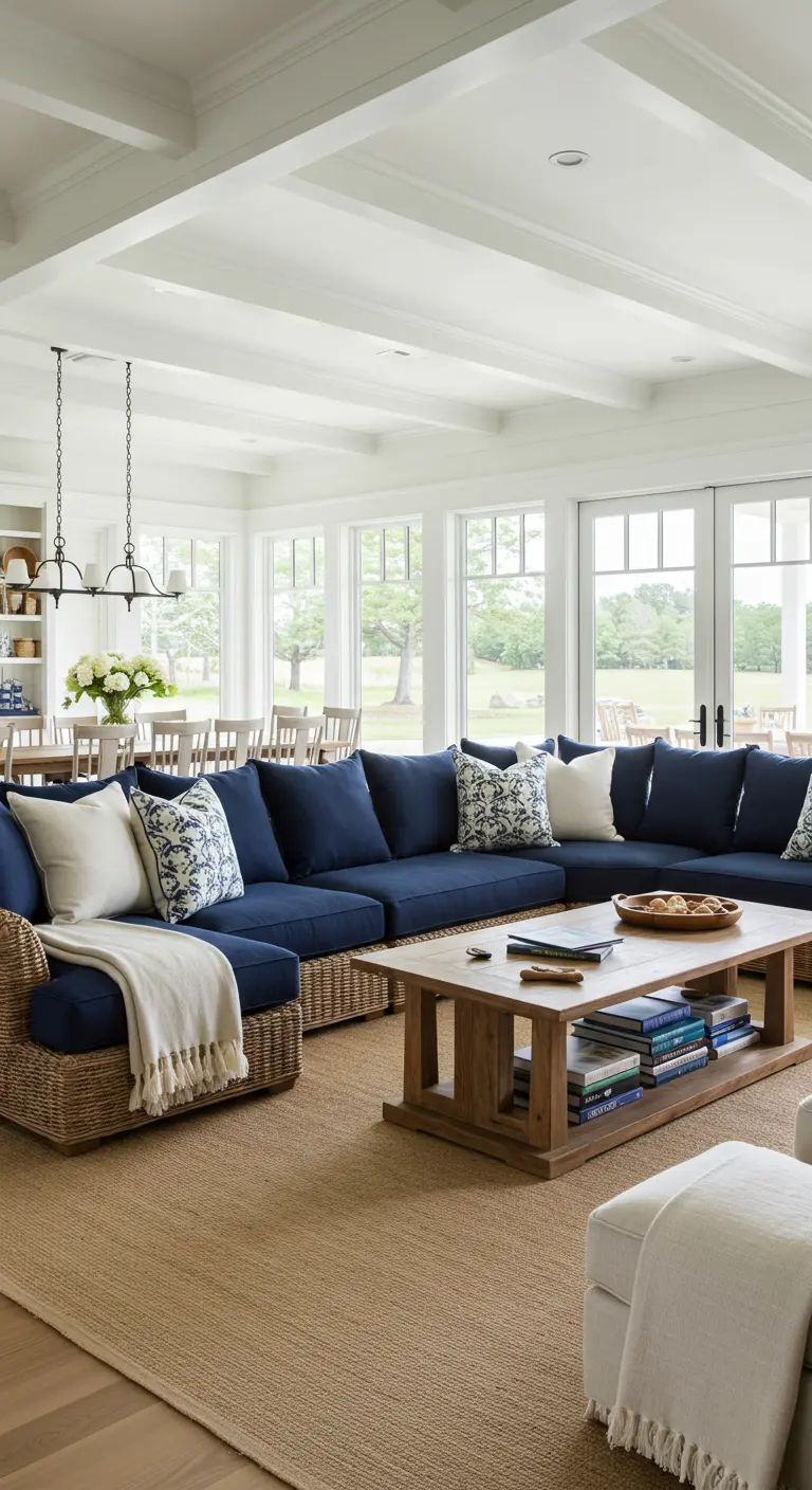 Spacious living room with a large navy sectional sofa that has a woven rattan base.