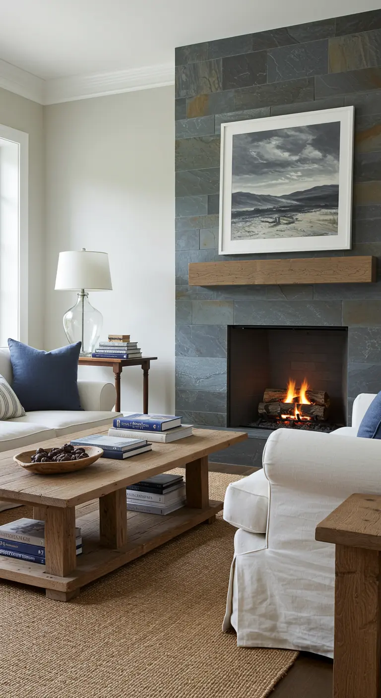 A dark slate tile fireplace with a light wood mantel in a bright, airy living room.