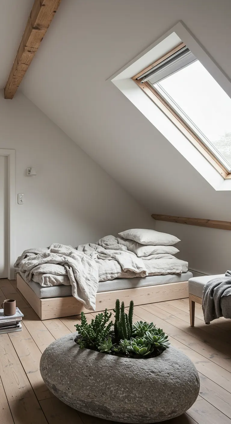A low platform bed in an attic room with a large, hollowed-out stone succulent planter.