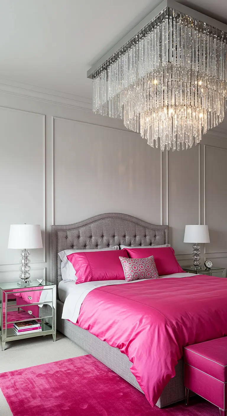 Bedroom with grey walls, a grey tufted bed, and vibrant hot pink silk bedding and a matching rug.