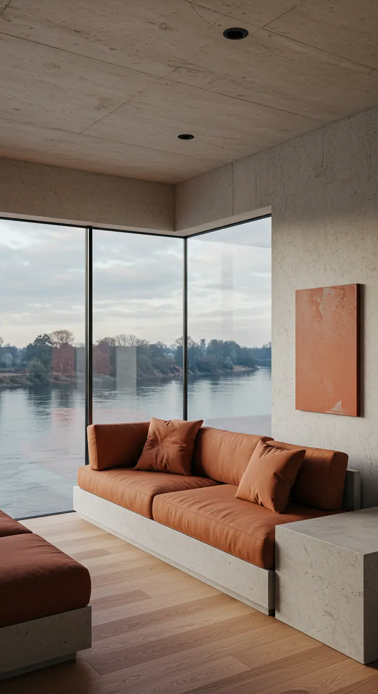 A terracotta-colored sofa sits on an integrated concrete base in a room with a river view.