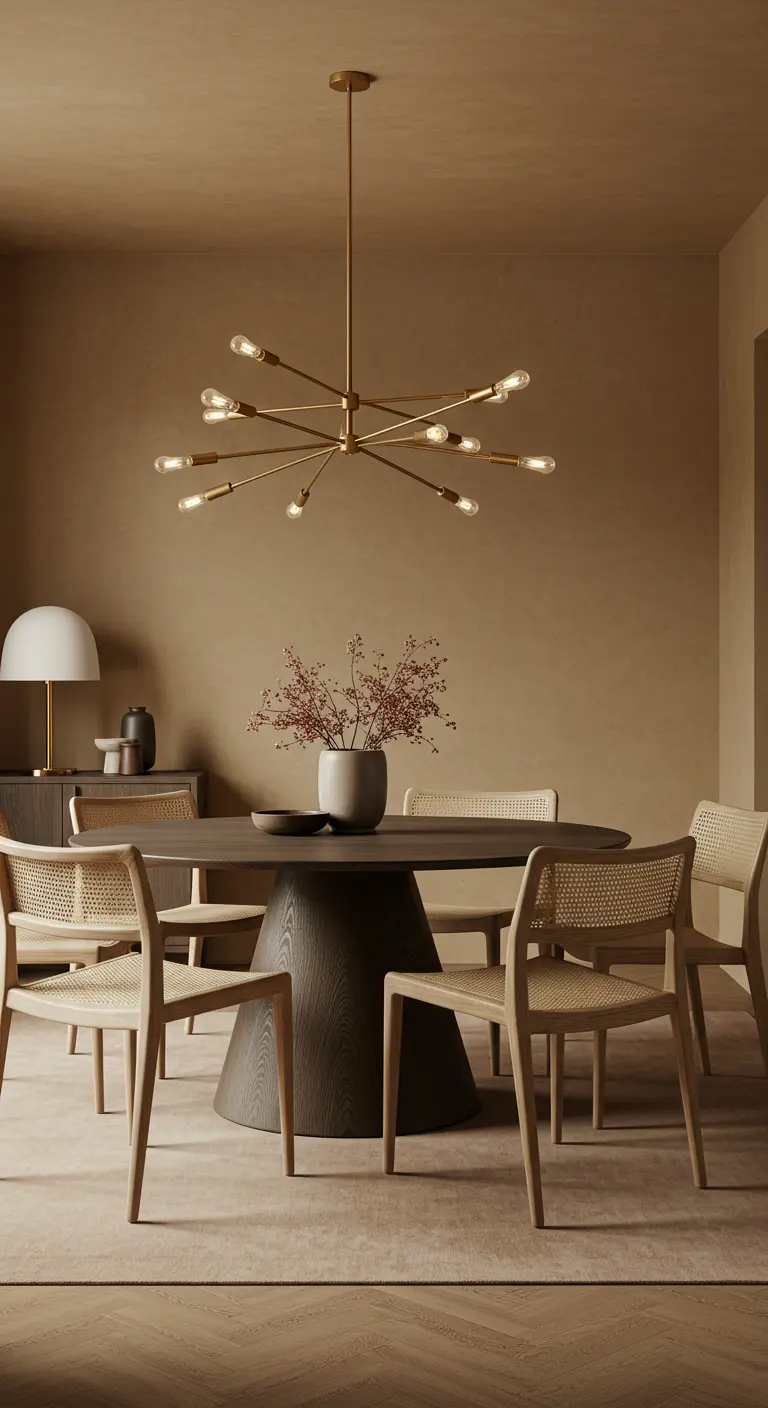 A dining room with tan walls, a dark wood pedestal table, and light woven chairs.