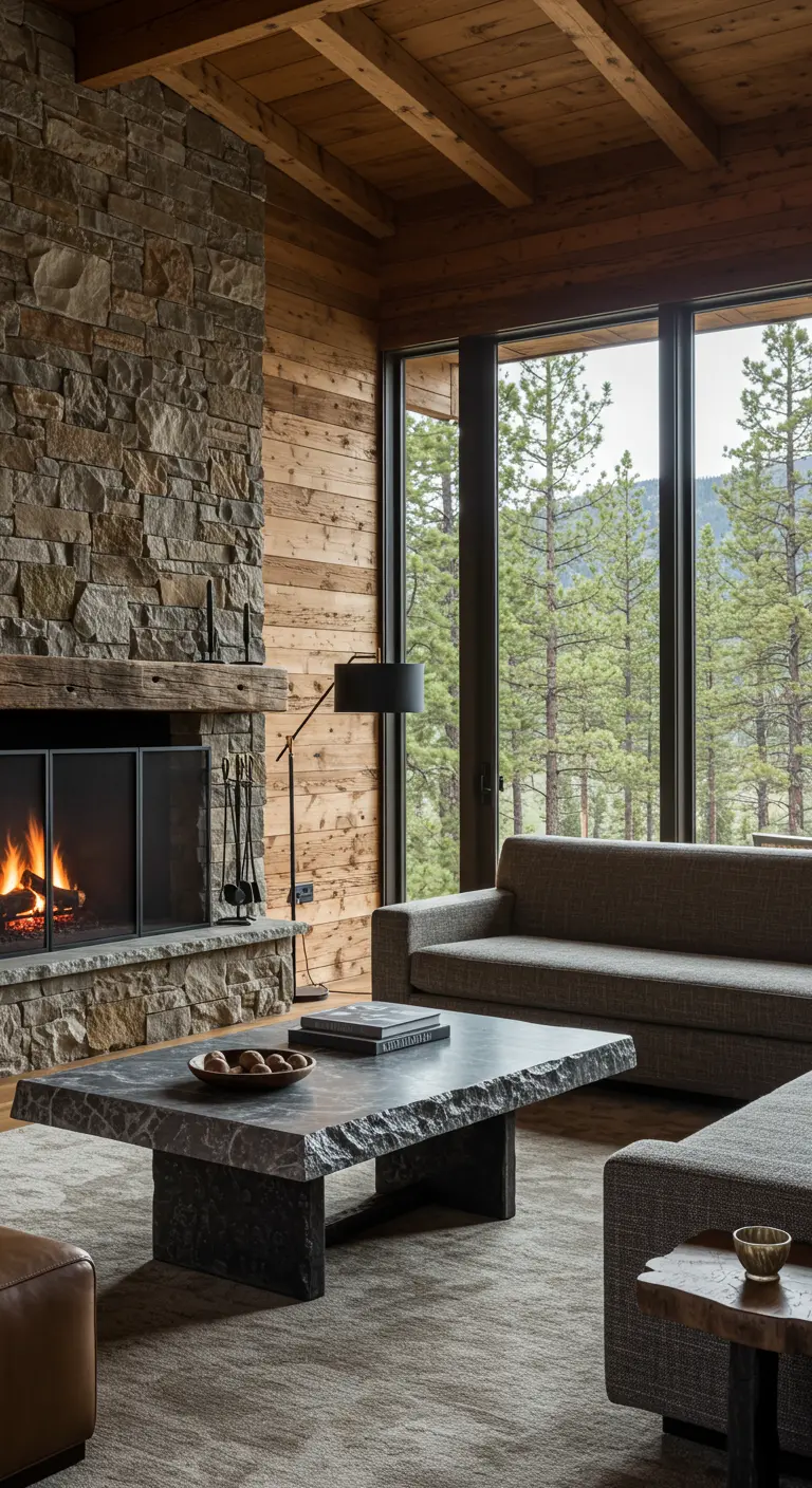 Rustic living room with a stone fireplace, wood walls, and a large chiseled slate coffee table.