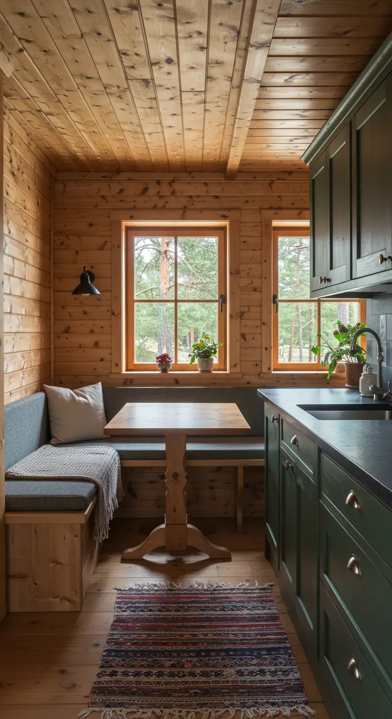 Rustic wood-paneled kitchen with dark green cabinets and a trestle table.